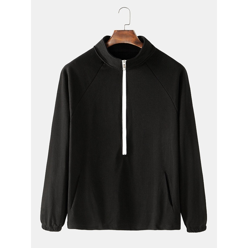 Mens Cotton Solid Color Half Zipper Raglan Sleeves Design Henley Shirts With Pocket