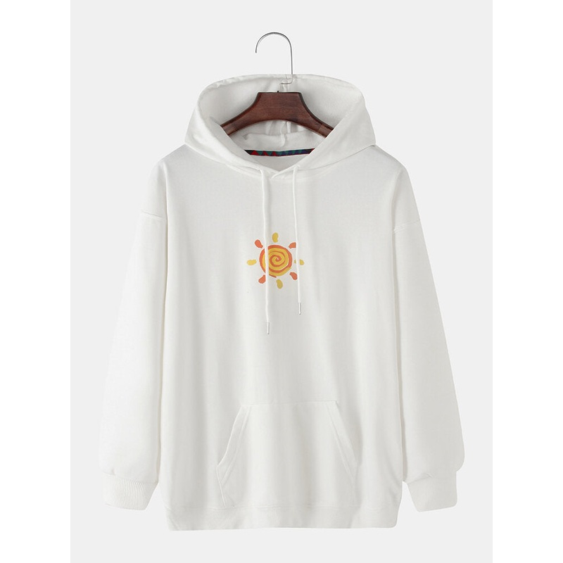 Mens Cotton Sun Print Kangaroo Pocket Long Sleeve Drawstring Hoodies