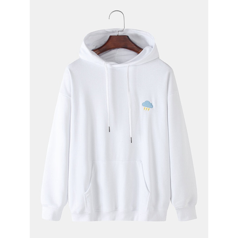 Mens Cotton Weather Symbol Embroidery Drop Shoulder Drawstring Hoodies