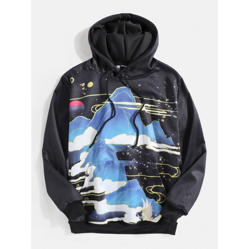Mens Crane Pattern Landscape Print Pocket Long Sleeve Chinese Style Hoodies