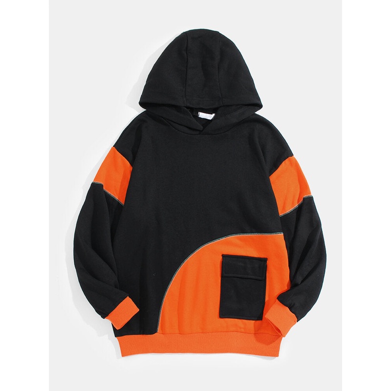 Mens Design Patchwork Flap Pocket Long Sleeve Hoodies