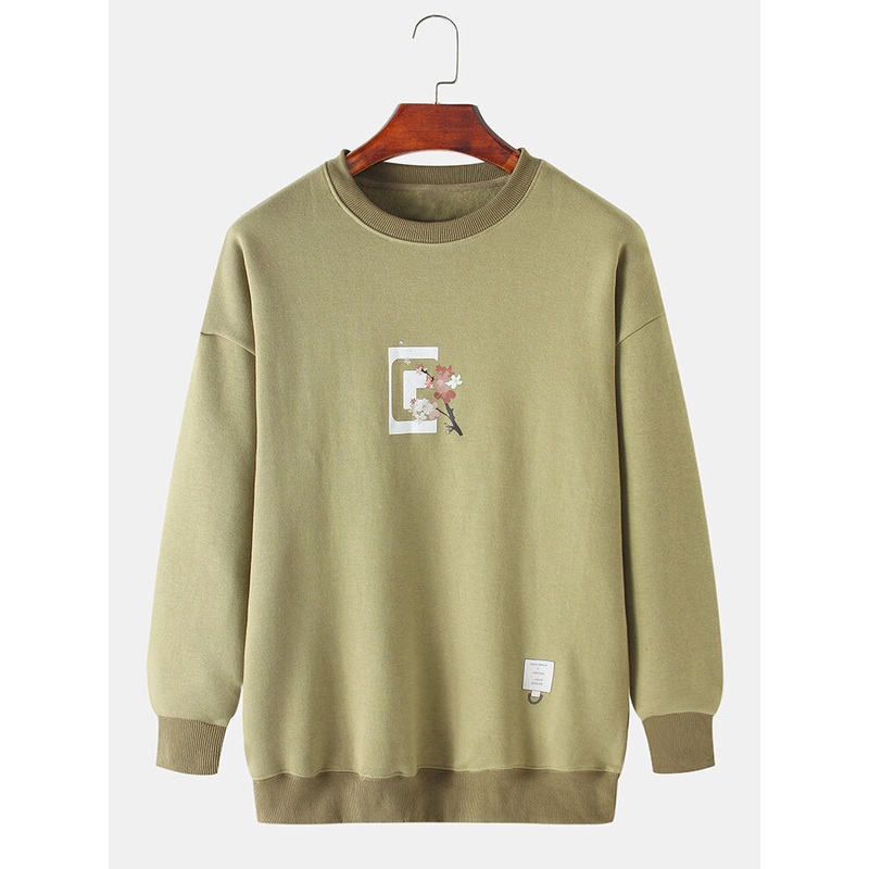 Mens Design Slogan & Floral Back Print Round Neck Pullover Long Sleeve Sweatshirts