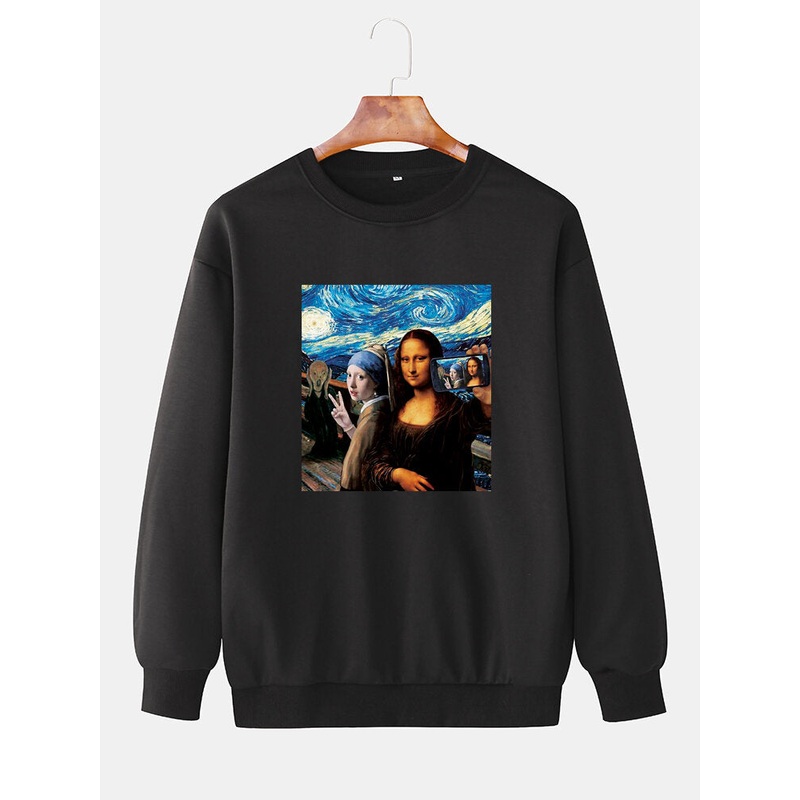 Mens Famous Painting Print Round Neck Drop Shoulders Long Sleeve Cotton Sweatshirts