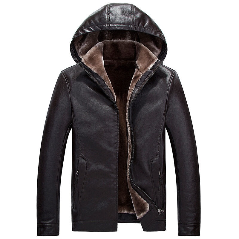 Mens Fashion PU Zipper Windproof Hooded Warm Thickened Casual Jacket