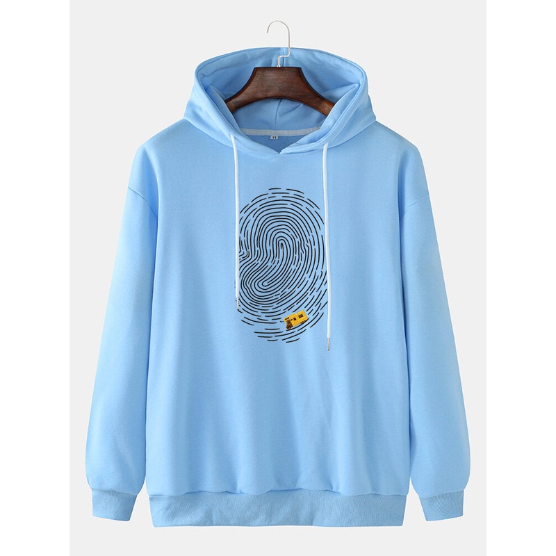 Mens Fingerprint Graphic Print Solid Casual Loose Drawstring Hoodie