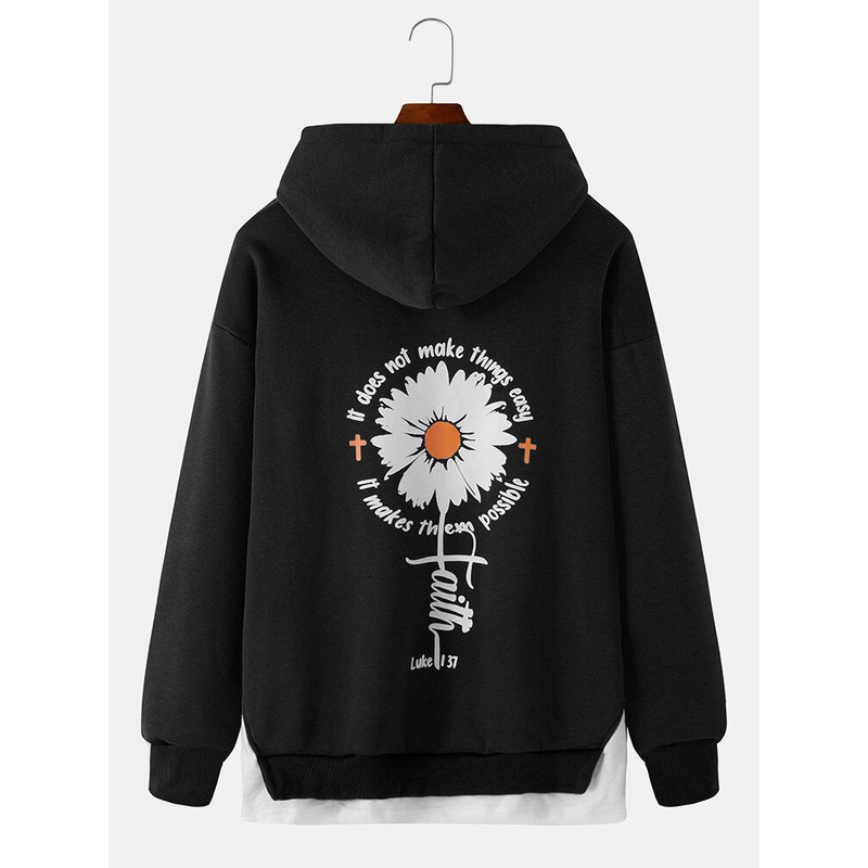 Mens Floral Print Patchwork Drop Shoulder Long Sleeve Drawstring Hoodies