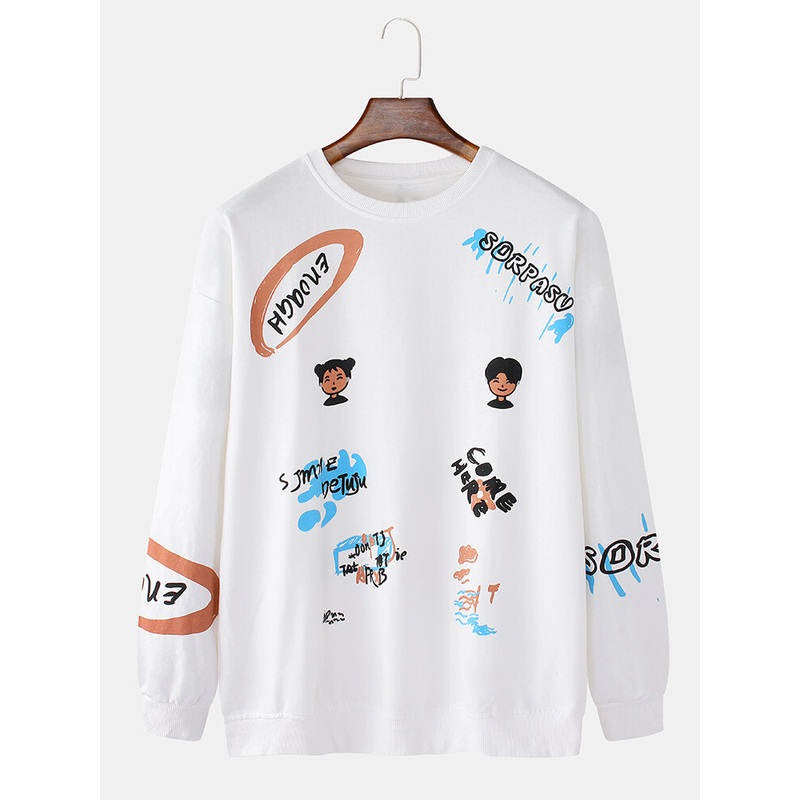 Mens Funny Cartoon Graffiti Print Round Neck Pullover Long Sleeve Sweatshirts