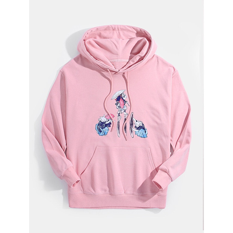 Mens Funny Cat Print Ukiyoe Long Sleeve Hoodies With Pocket