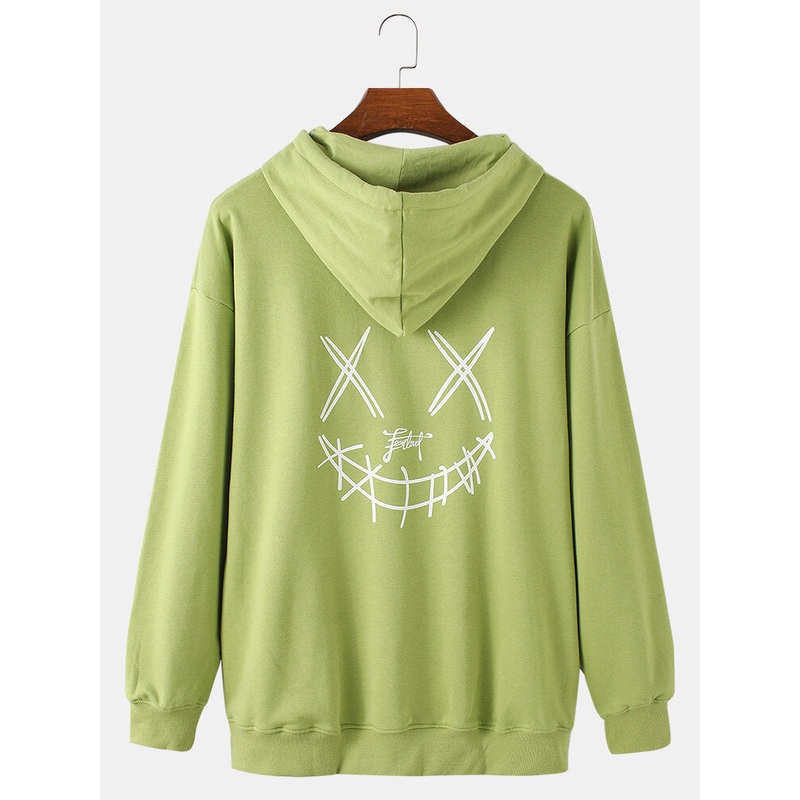 Mens Funny Emojis Back Print Solid Color Cotton Loose Drawstring Hoodies With Kangaroo Pocket