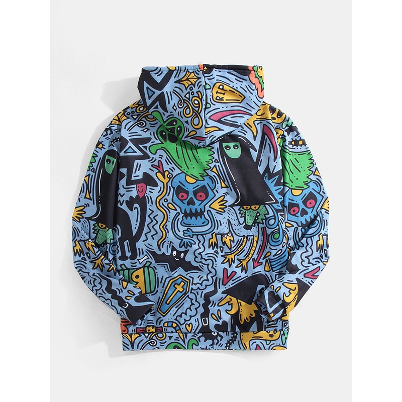 Mens Halloween Allover Funny Ghost Print Kangaroo Pocket Drawstring Hoodies
