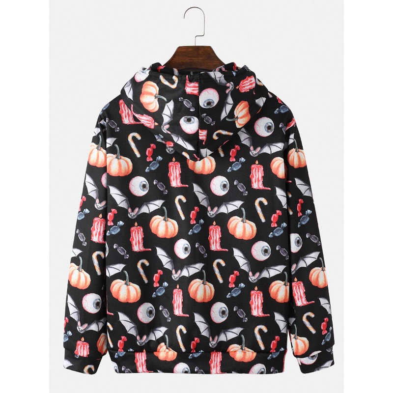 Mens Halloween Funny Eye Candle Printed Loose Hoodies With Kangaroo Pocket