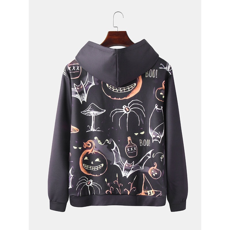 Mens Halloween Funny Pumpkin Bat Print Pouch Pocket Drawstring Hoodies