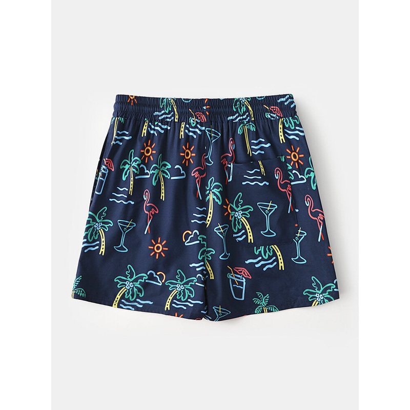 Mens Holiday Funny Cartoon Printing Drawstring Quick Drying Mini Short Beach Shorts