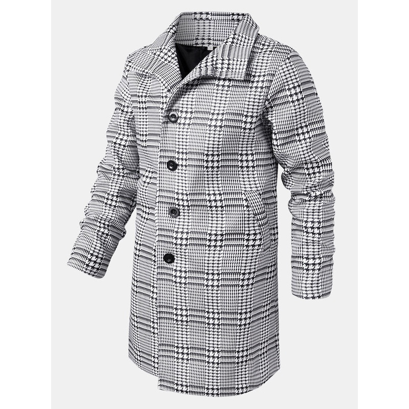 Mens Houndstooth Lapel Single-Breasted Mid-Length Trench Coats