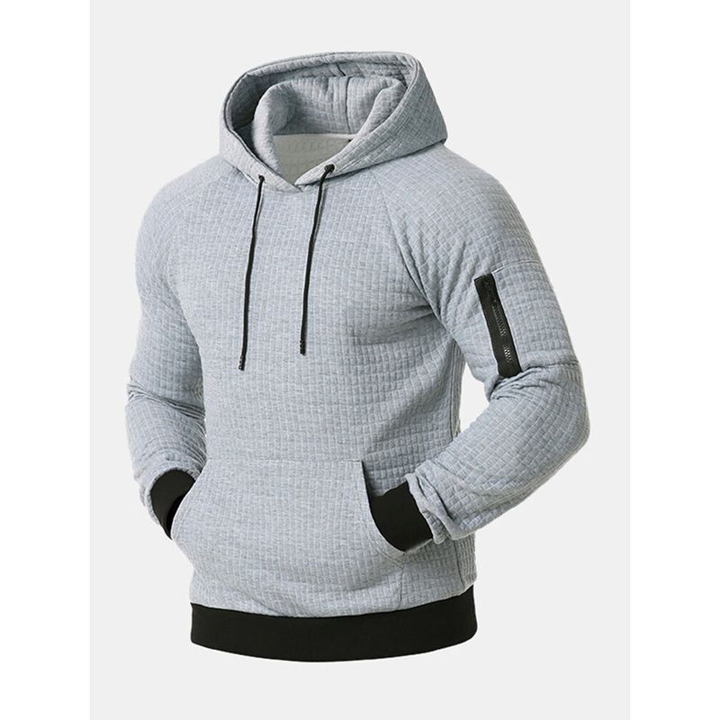 Mens Jacquard Solid Color Simple Long Sleeve Kangaroo Pocket Hoodies