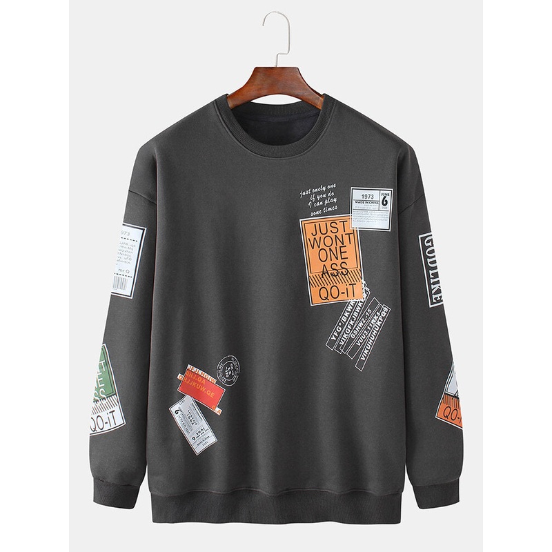 Mens Label Print Pullover Round Neck Long Sleeve Cotton Sweatshirts