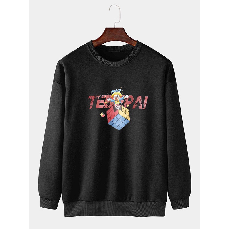 Mens Letter Print Cube Clown Pattern Pullover Long Sleeve Drop Shoulder Cotton Sweatshirts