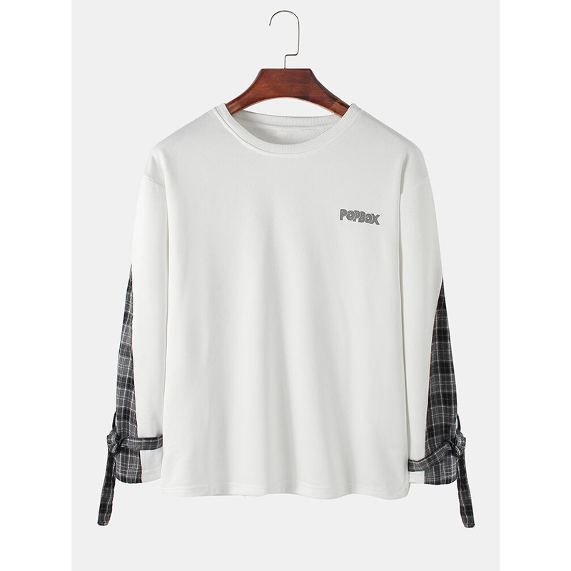 Mens Letter Print Side Patchwork Plaid Pullover Design Sweatshirts