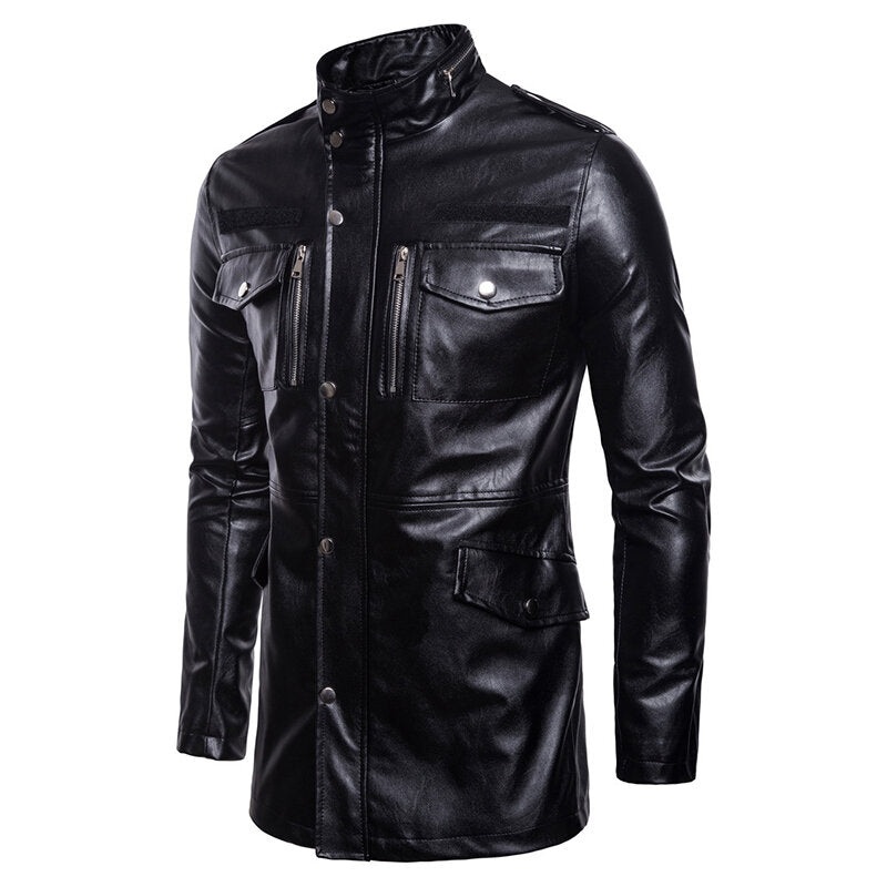 Mens Mid Long Black Stand Collar Pocket Biker Faux Leather Jacket