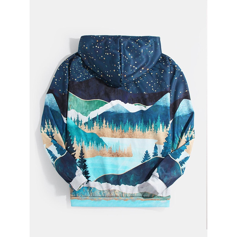 Mens Night Mountain Landscape Drawstring Hoodies With Kangaroo Pocket