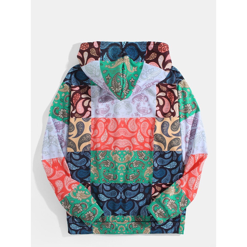 Mens Paisley Print Color Block Long Sleeve Ethnic Style Hoodies With Kangaroo Pocket