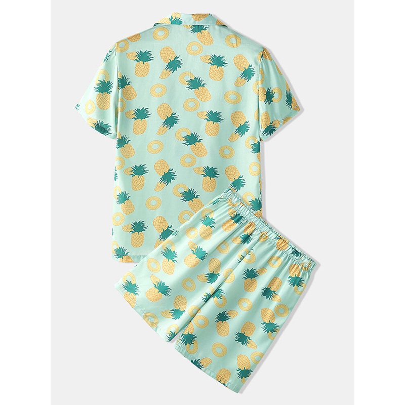 Mens Pajama Set Funny Pineapple Print Faux Sik Revere Collar Smooth Breathable Home Sleepwear