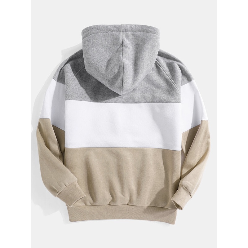 Mens Panel Patchwork Raglan Sleeve Loose Kangaroo Pocket Drawstring Hoodies