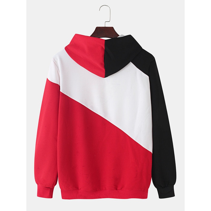 Mens Patchwork Contrasting ColorLong Sleeve Design Drawstring Hoodies