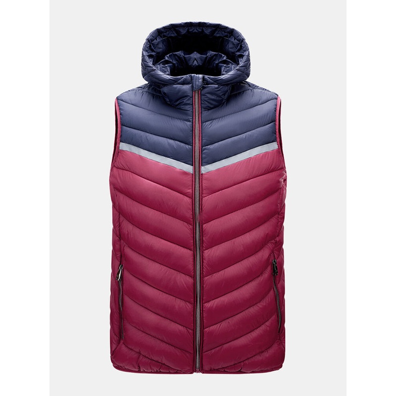 Mens Patchwork Zip Up Quilted Casual Padded Hooded Vests With Pocket