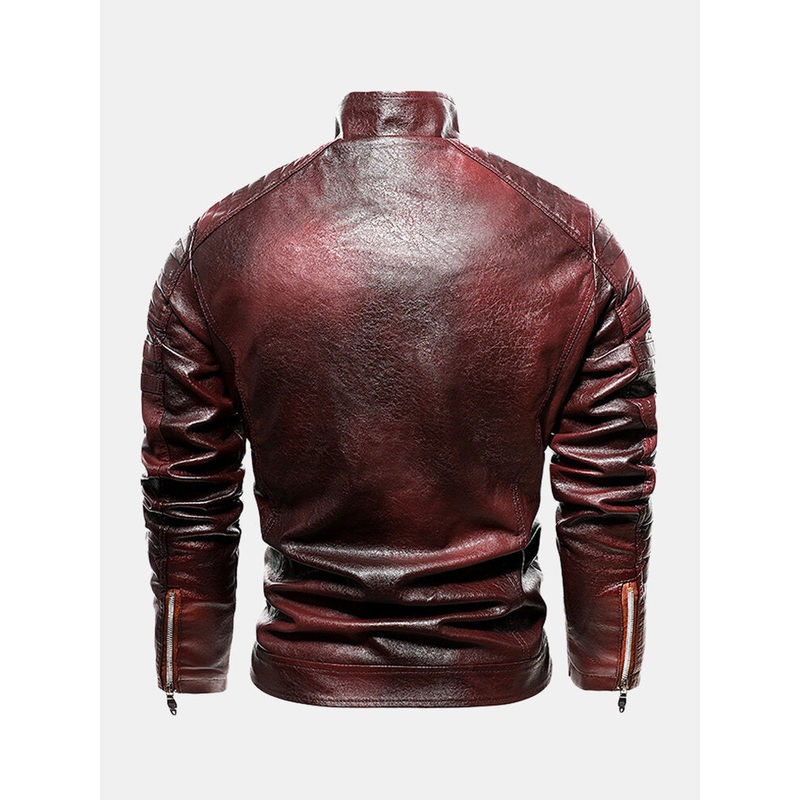 Mens Pattern Patched Letter Print Snap Button Zip Baseball Collar PU Jacket