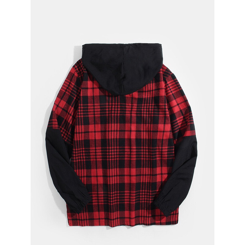 Mens Plaid Patchwork Faux Twinset Kangaroo Pocket Hoodies