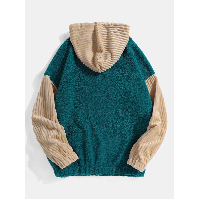 Mens Plush Patchwork Corduroy Kangaroo Pocket Long Sleeve Hoodies
