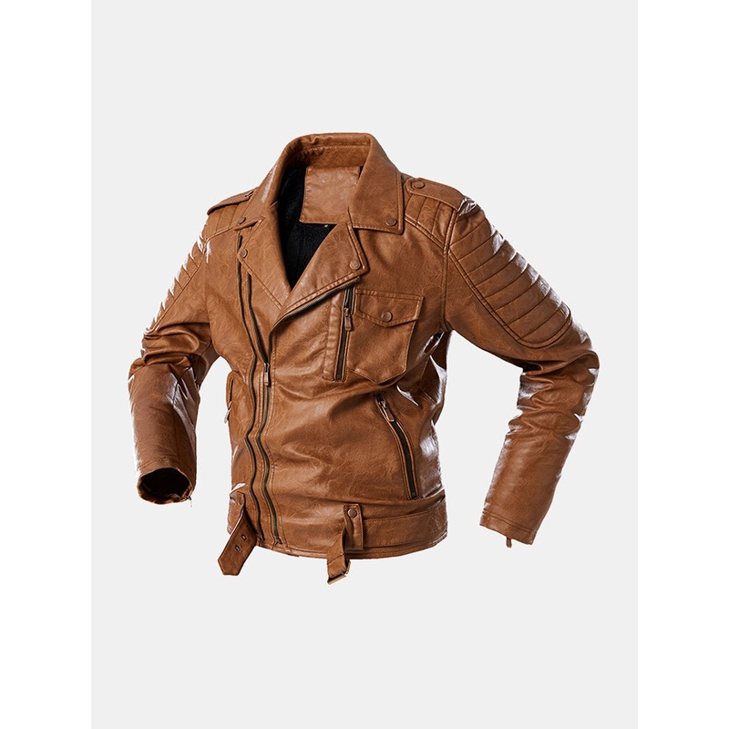 Mens Pocket Lapel Zip-Up Sashes PU Leather Jackets