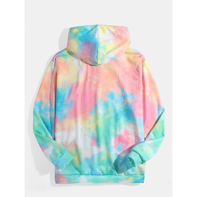 Mens Print Colorful Tie Dye Pocket Long Sleeve Drawstring Hoodies