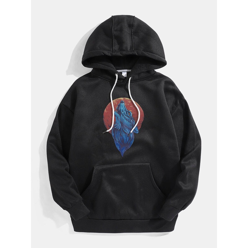 Mens Print Drop Shoulder Long Sleeve Drawstring Hoodies With Kangaroo Pocket