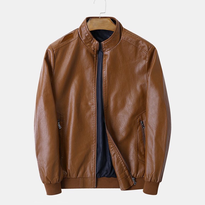 Mens PU Vintage Stand Collar Zipper Thick Casual Leather Jacket