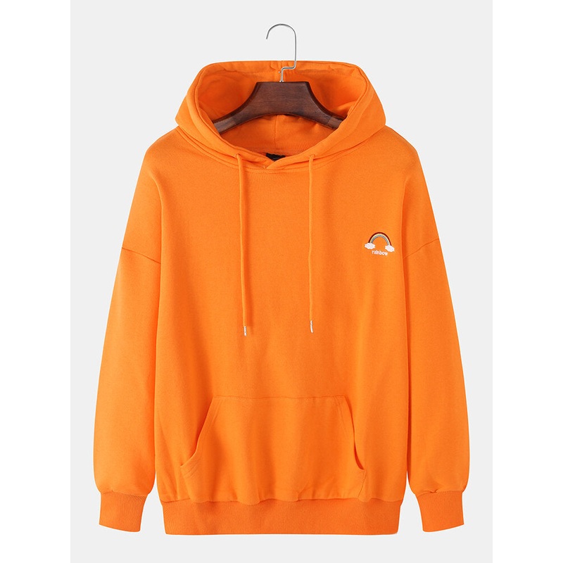 Mens Rainbow Embroidery Drop Shoulder Hoodies With Kangaroo Pocket