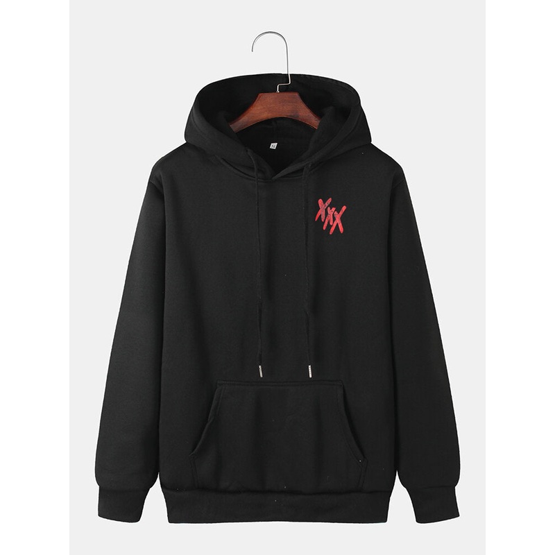 Mens Simple Chest Graffiti Print Long Sleeve Kangaroo Pocket Drawstring Hoodies