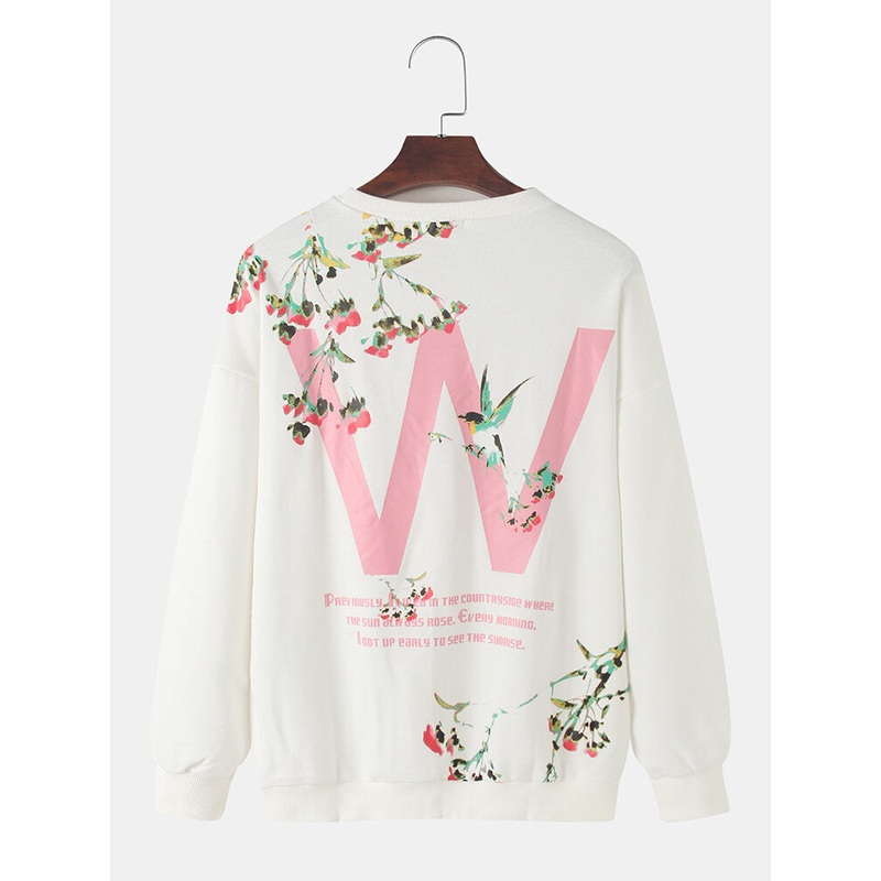 Mens Slogan Back Print Floral Graphics Pullover Round Neck Sweatshirts