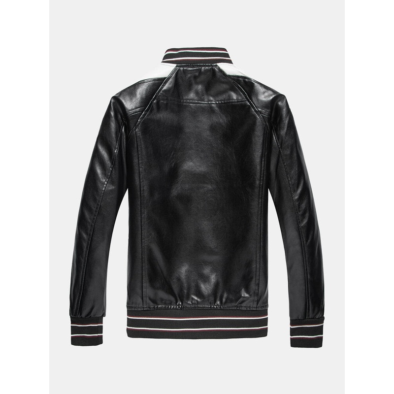 Mens Snap Button Baseball Collar PU Jacket With Contrast Ribbed Trim