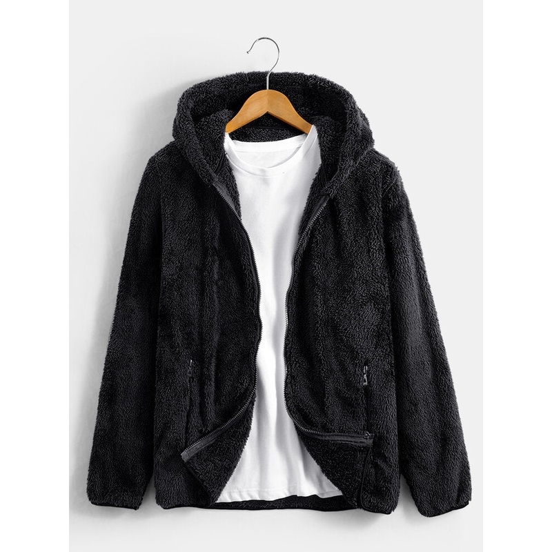 Mens Solid Color Fleece Long Sleeve Pocket Zipper Hoodies Overwear