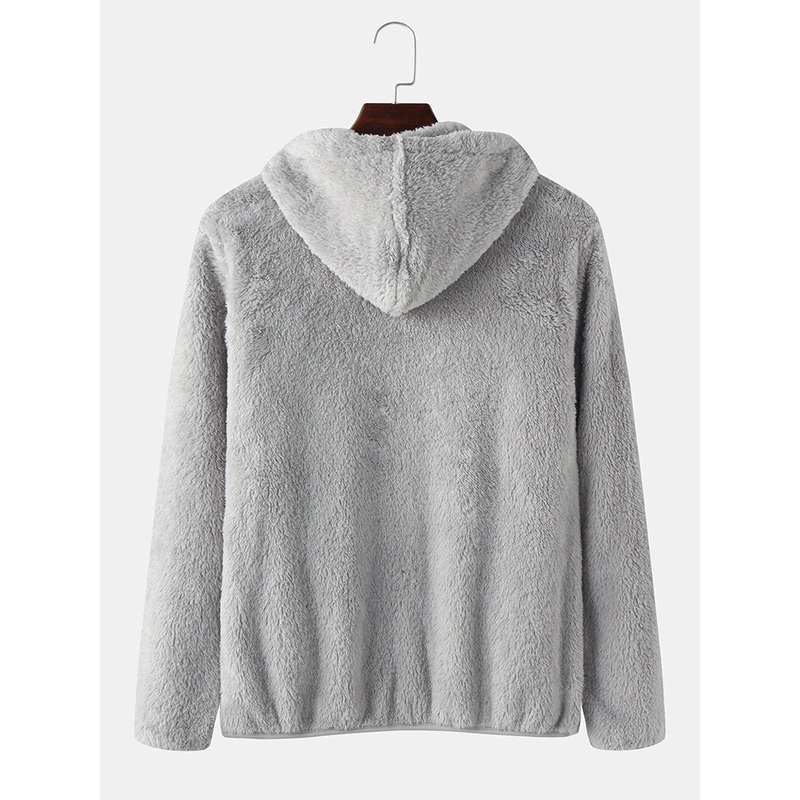 Mens Solid Color Fluffy Plush Long Sleeve Zipper Hoodie Jacket