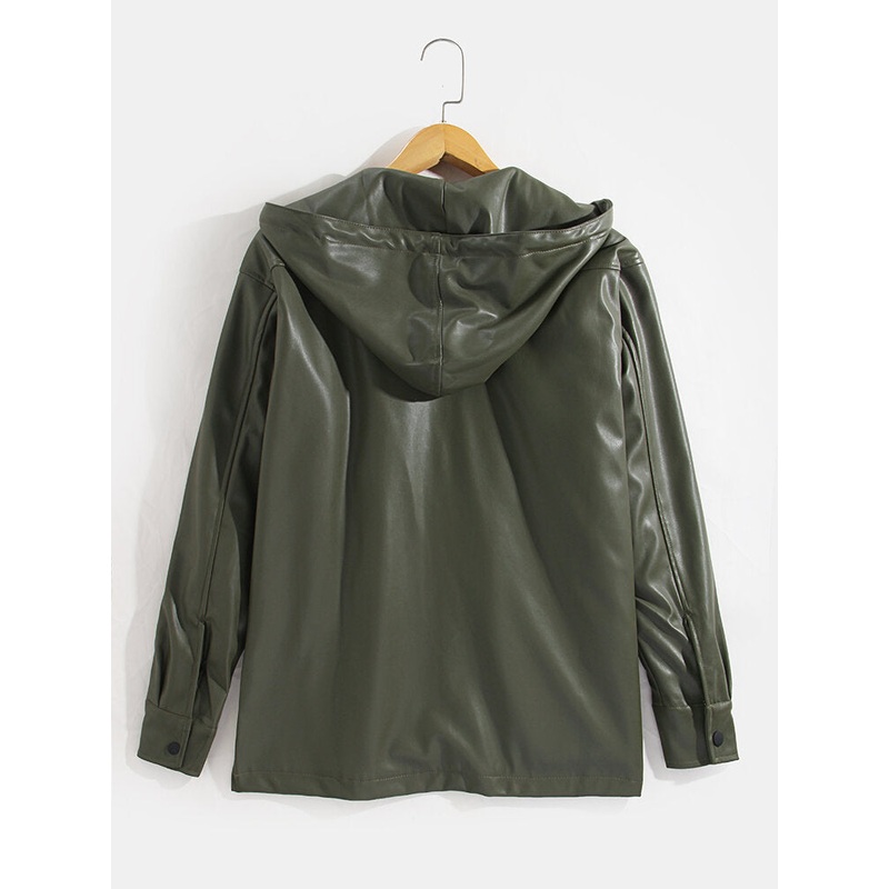 Mens Solid Color Hooded Leather Jacket With Slant Pocket