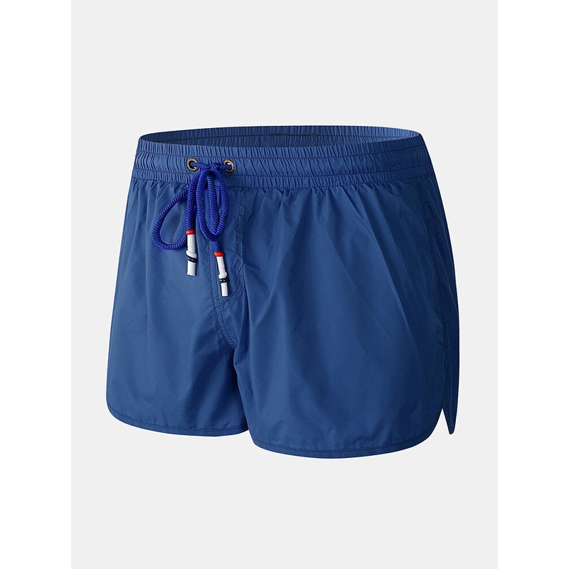 Mens Solid Color Quick Dry Drawstring Casual Beach Board Shorts With Compression Liner