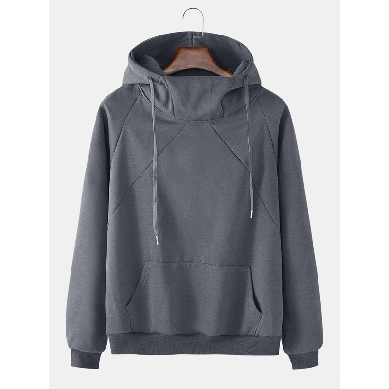 Mens Solid Color Raglan Sleeves Kangaroo Pocket Long Sleeve Hoodies