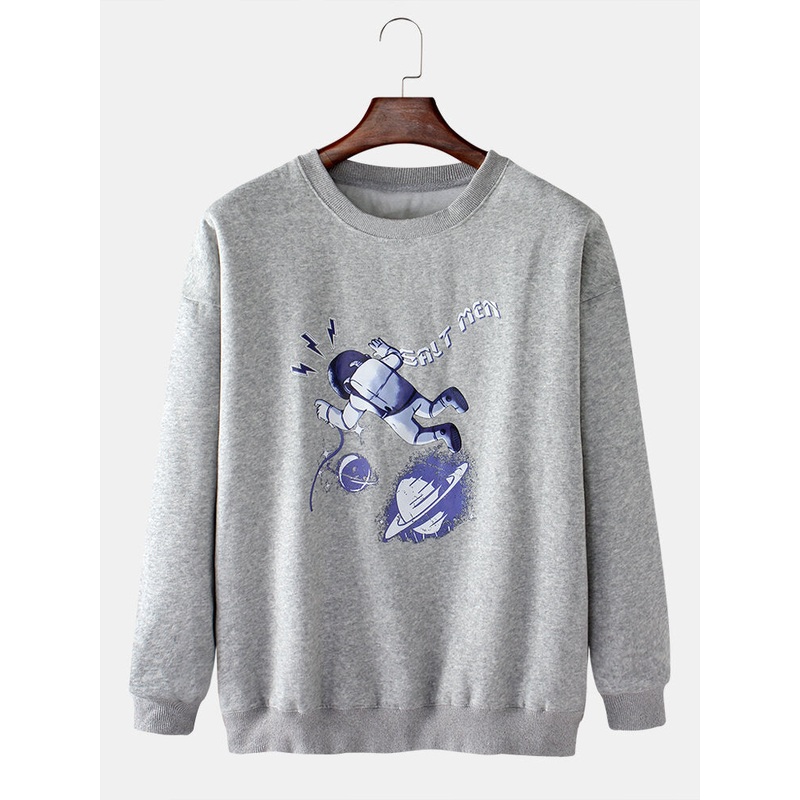 Mens Space Astronaut Letter Print Drop Sleeve Cotton Pullover Sweatshirts