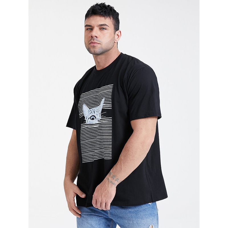Mens Striped 3D Cat Print Cotton O-Neck Short Sleeve Casual Plus Size T-Shirt