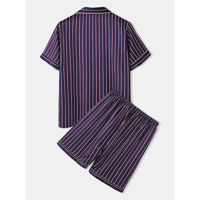 Mens Striped Smooth Revere Collar Pocket Button Up Home Faux Silk Pajama Set