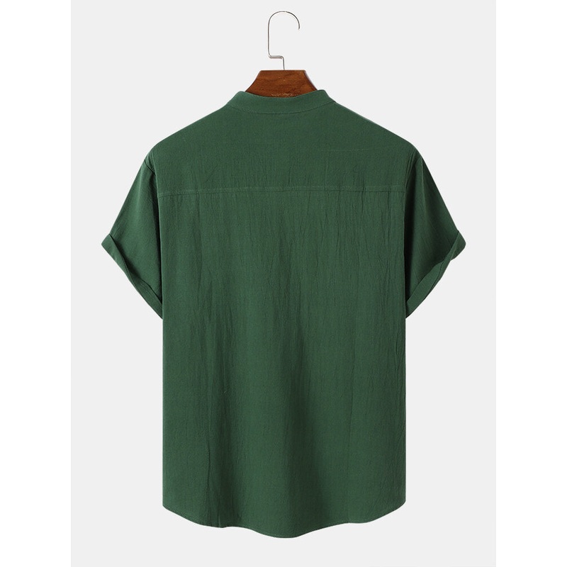 Mens Textured Stand Collar Solid Daily Short Sleeve Henley Shirts