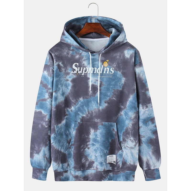 Mens Tie Dye Letter Print Drop Shoulder Pocket Casual Drawstring Hoodies